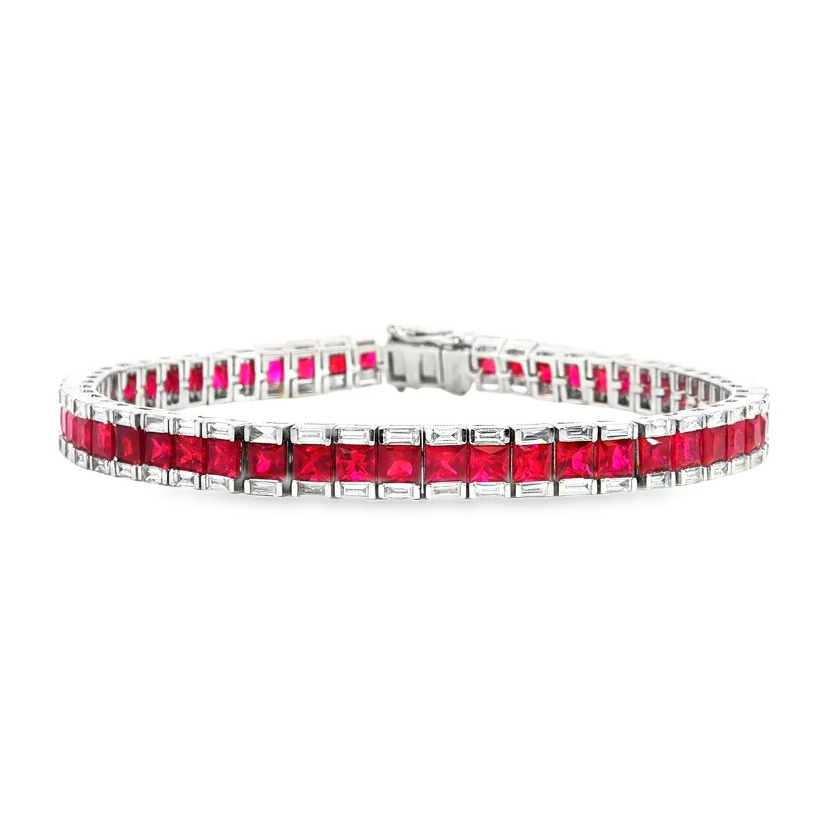 White Gold Ruby Tennis Bracelet with Square Step-Cut Diamonds