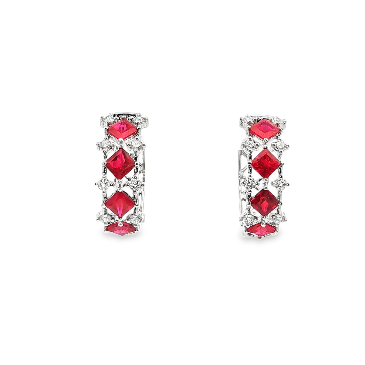 Sterling Hoop Earrings with Princess Cut Red Rubies