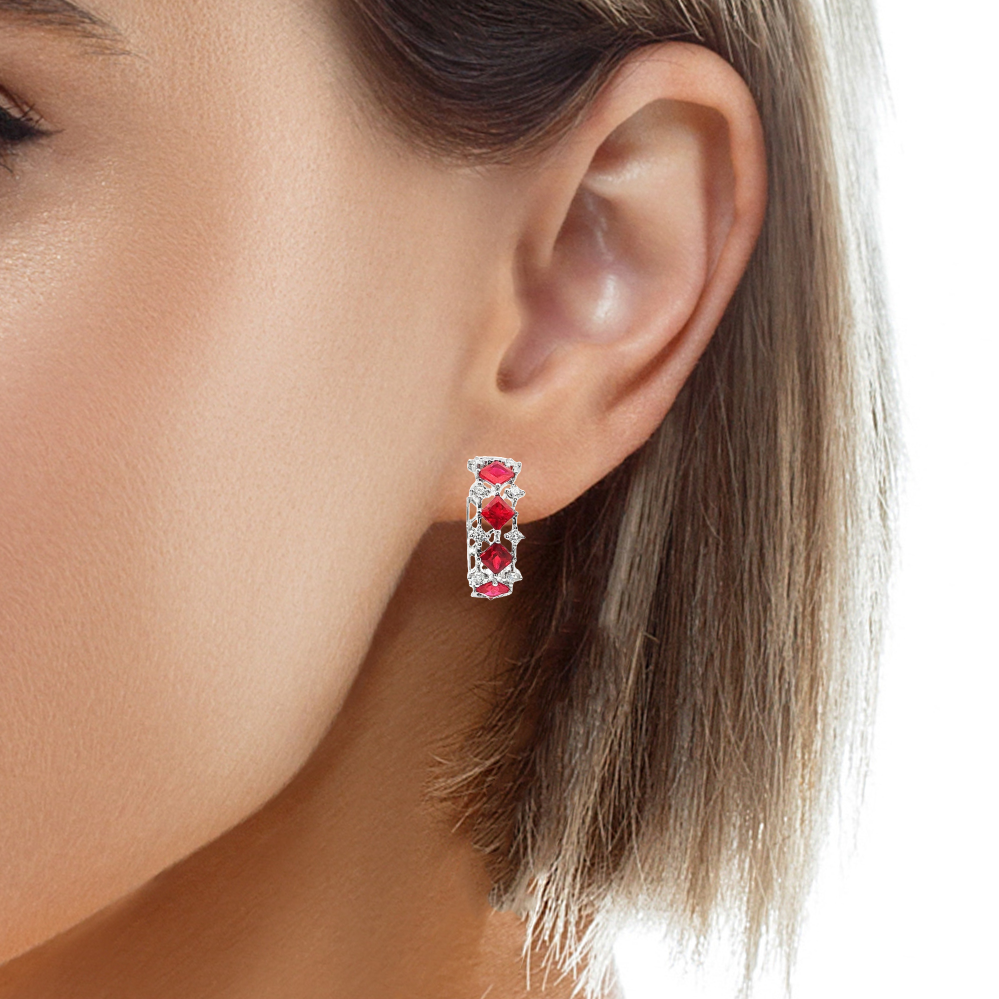 Sterling Hoop Earrings with Princess Cut Red Rubies