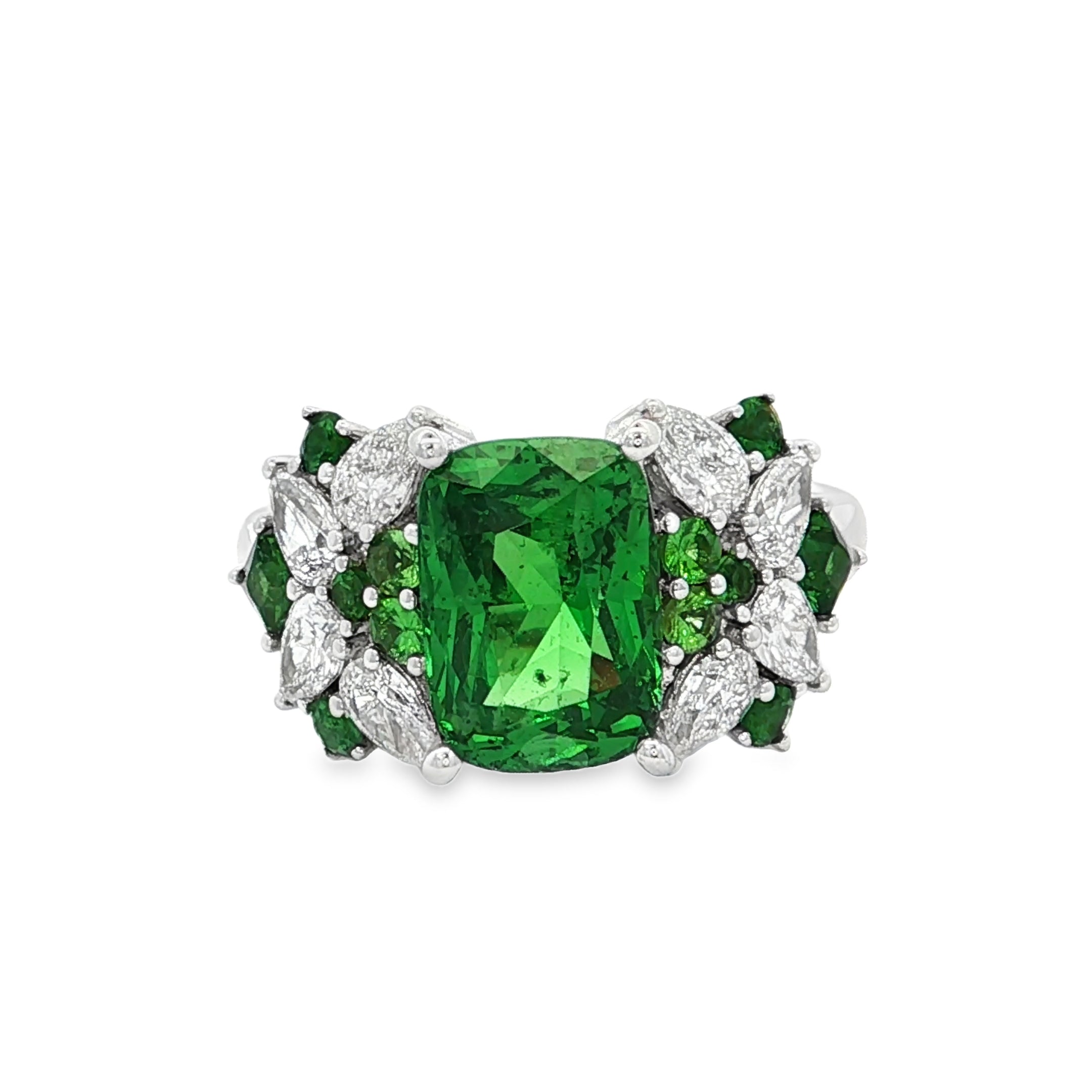 White Gold Multistone Ring with Cushion Cut Tsavorite