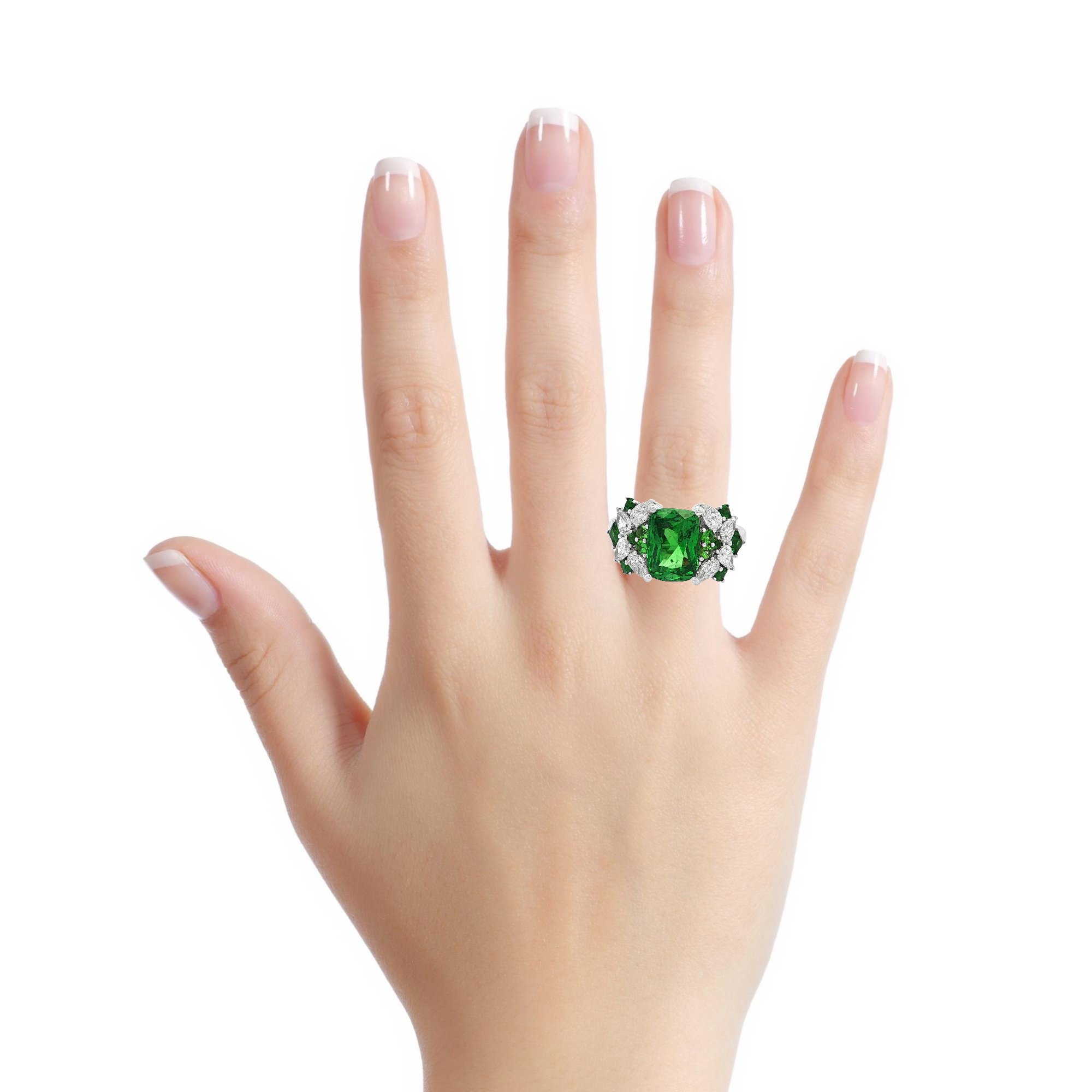 White Gold Multistone Ring with Cushion Cut Tsavorite