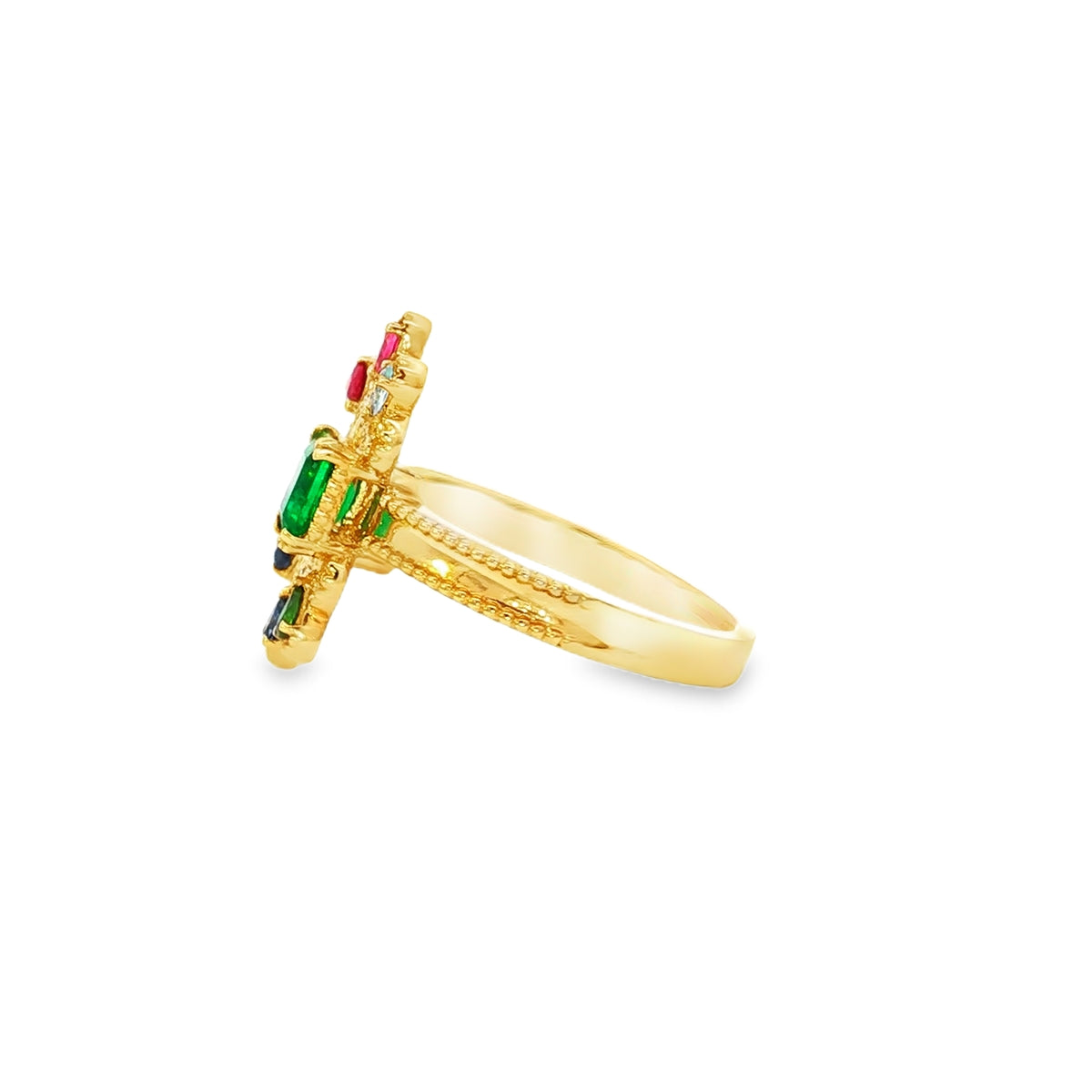 Yellow Gold Multistone Ring with Emerald-Cut Emerald