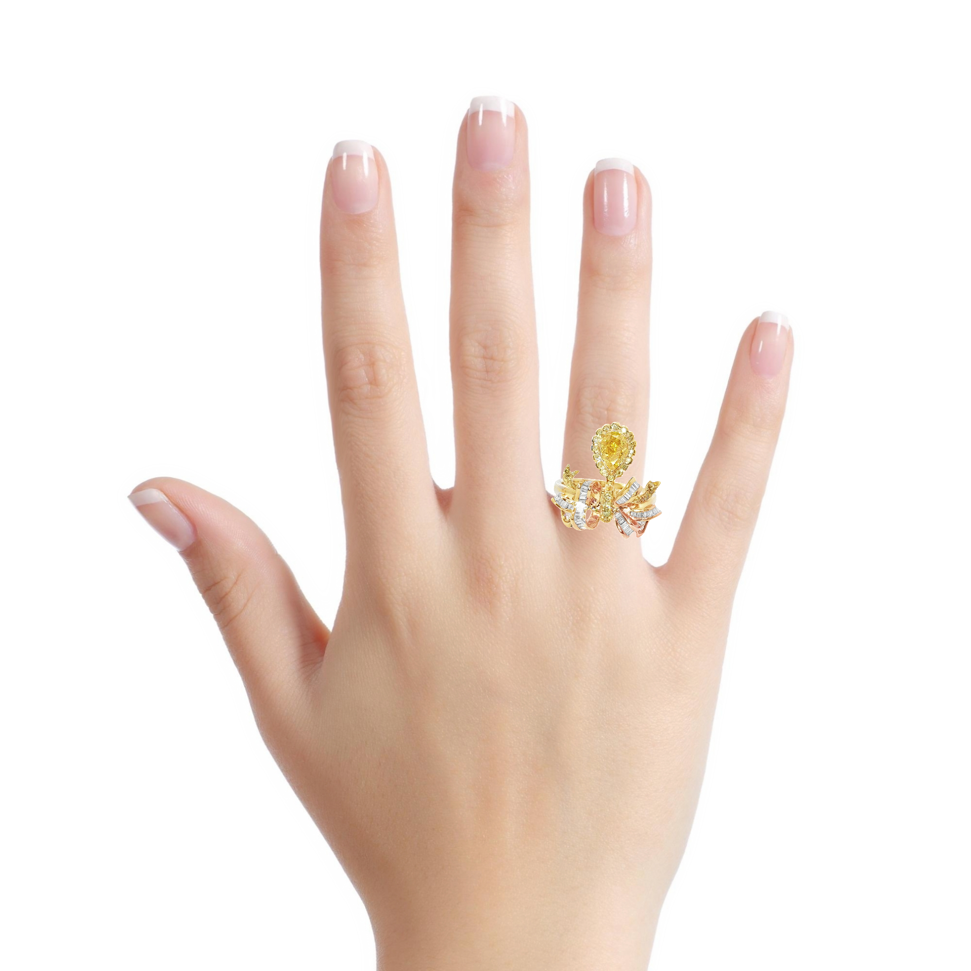 Goldener Cocktailring mit birnenförmigem Fancy Yellow Diamond
