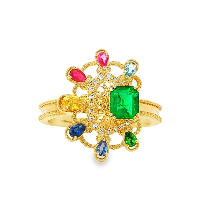 Yellow Gold Multistone Ring with Emerald-Cut Emerald