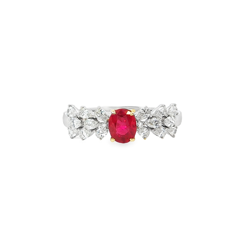White Gold Multistone Ring with Oval Cabochon Ruby
