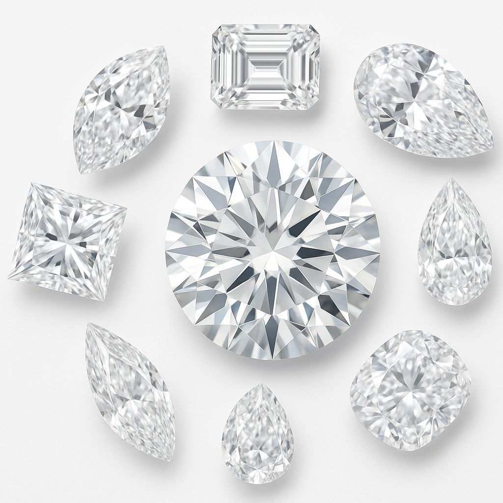 圆形钻石在中间，其形状的他的围绕，白色背景