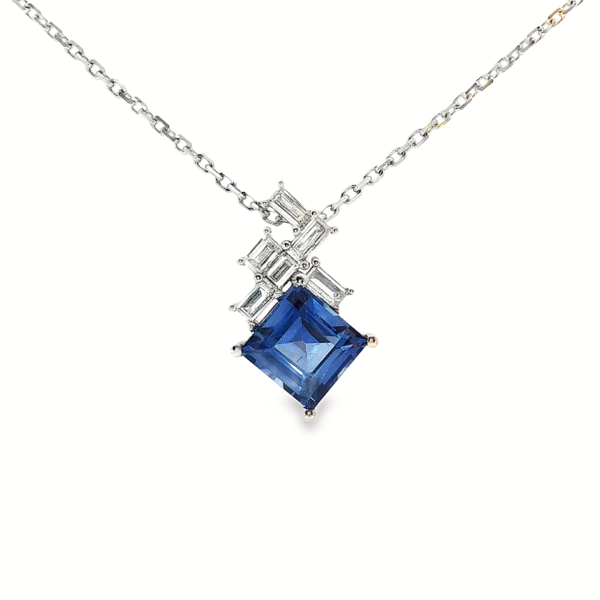 White Gold Necklace with Deep Blue Square Cut Sapphire Charm