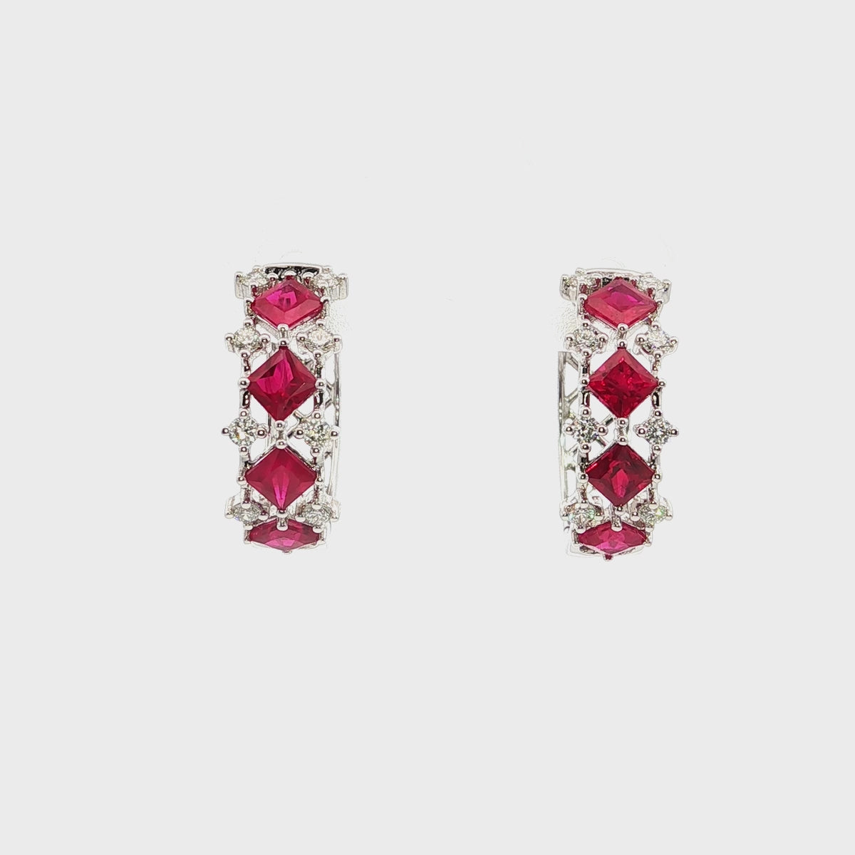 加载视频：Sterling Hoop Earrings with Princess Cut Red Rubies